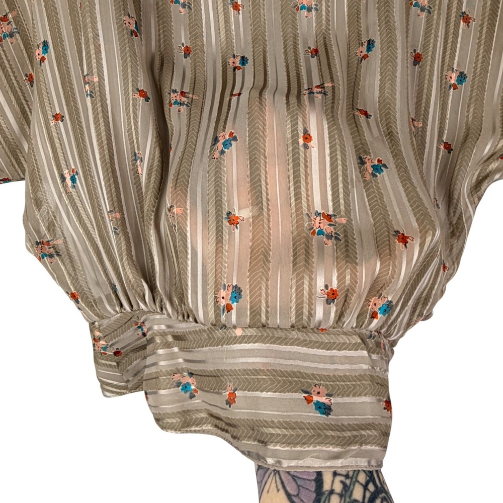 VTG 70s Jonathan Martin 80 S SHEER Beige Striped Floral Banded Crop Waist Blouse - Picture 5 of 12